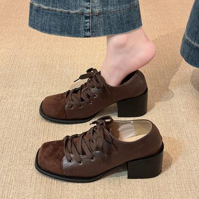 Autumn Winter Vintage Square Toe Thick Heel Women Mary Jane Shoes Street Style Lace Up Party Dress Female Pumps