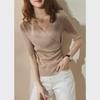 2025 Spring/Summer Women's V-Neck Irregular Knit Sweaters: Slim Fit, Fashionable European Short-Sleeved Tops