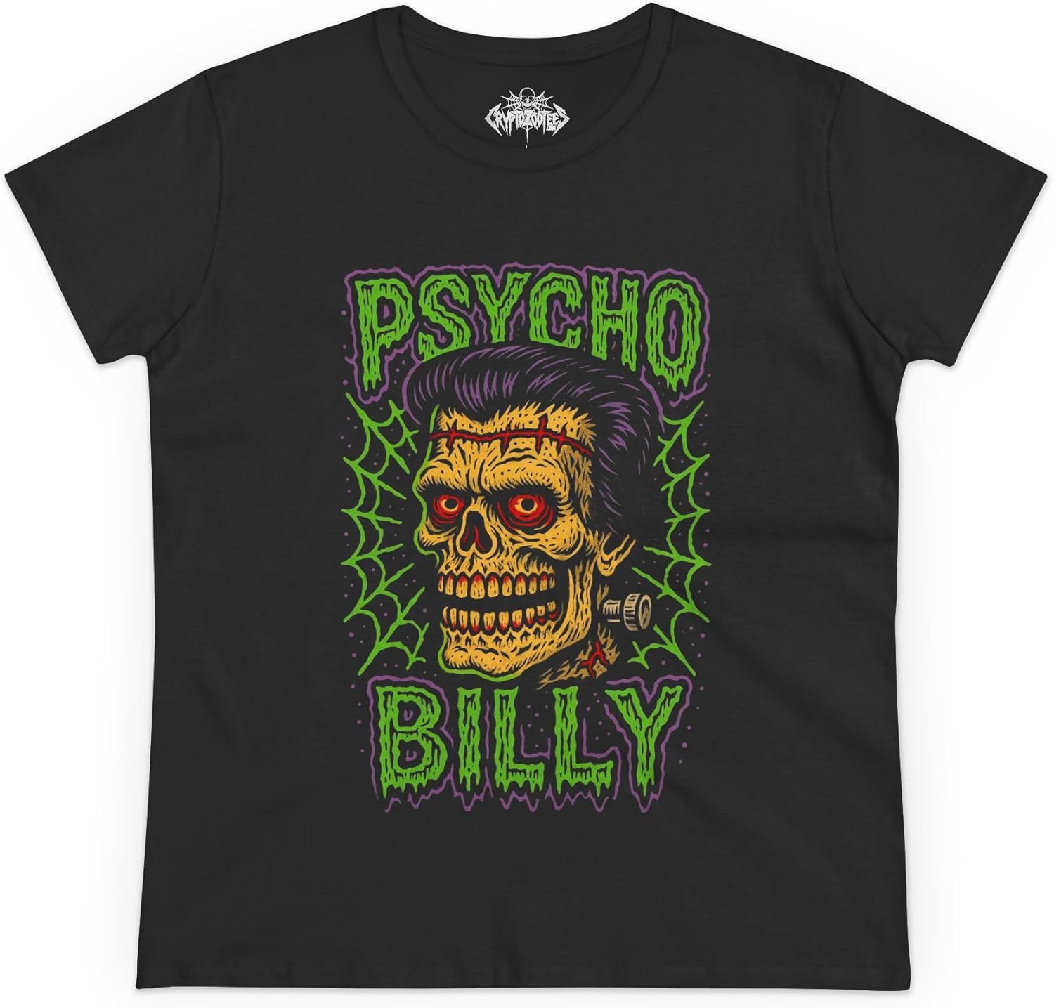 Psycho Billy Skull Women’s T-Shirt Retro Horror Rockabilly Graphic Tee – Gothic Punk Vintage Monster Style Unisex T-Shirt XL