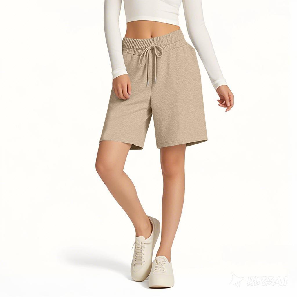 Spring and Summer Loose Elastic Waist Fashionable Solid Color Casual Five Quarter Pants Women's Shorts