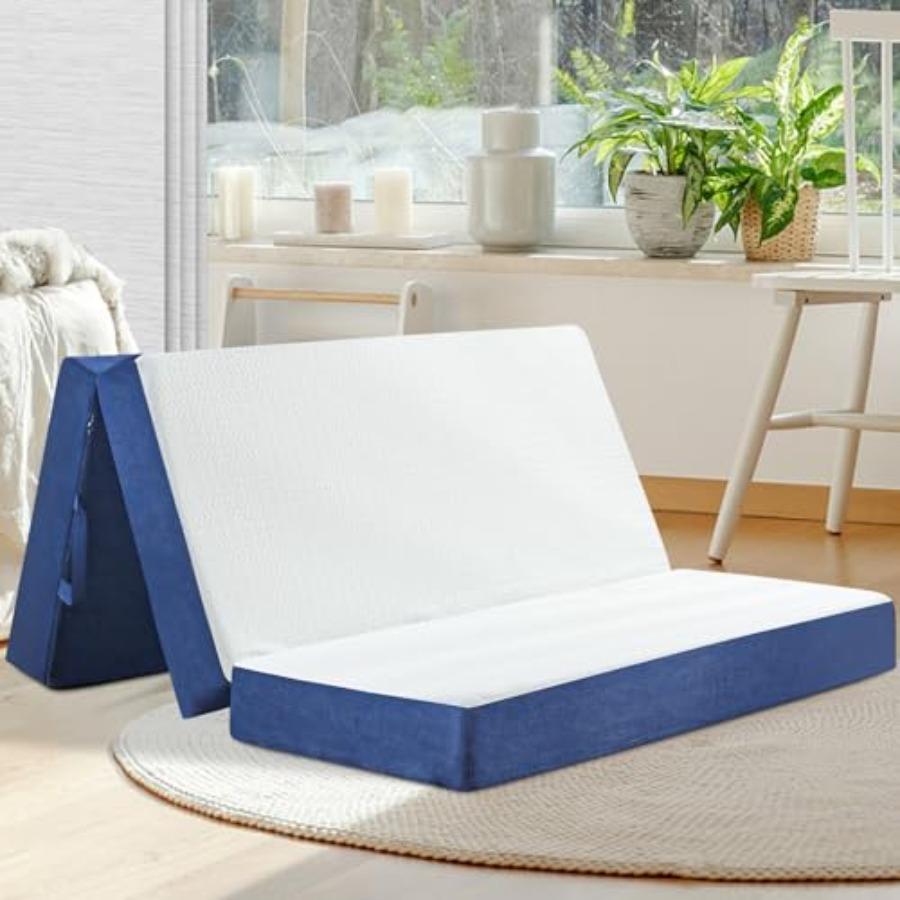 Folding Mattress Queen Size, Memory Foam 6 inch Tri Portable Trifold Mattress Futon Topper Queen with Breathable and Washable C