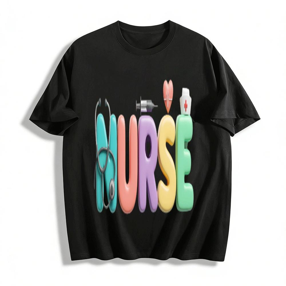 

Cute Nurse Themed Print Casual Short Sleeve T-Shirt Pure cotton T-shirt XXS