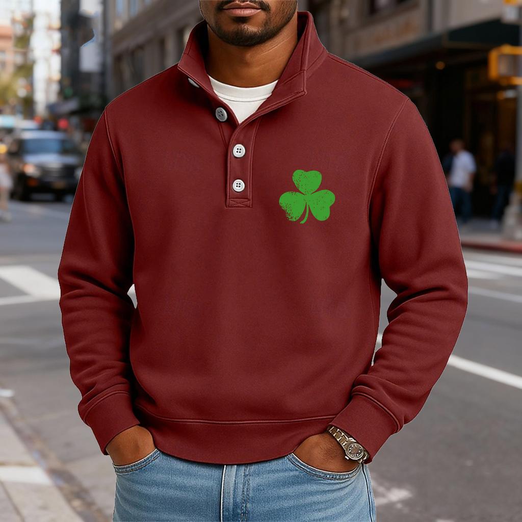 Men's Casual Stand-Up Collar Long-Sleeve Top Print Button-Down Sweatshirt