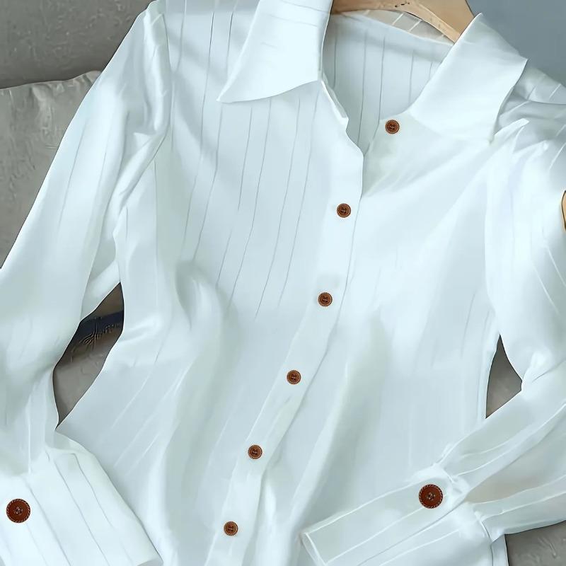 Французская Высококачественная Женская Рубашка Новая Весна Осень с Полосатой Вязкой Сатиновая Легкая Роскошь Универсальная Свободная S белый