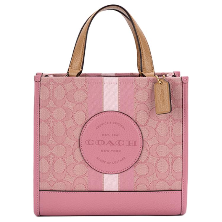 

Coach Dempsey 22 Monogram Stripe Logo Accent Fabric And Leather Tote Bag Women Tote Pink Latte CQ878-IMXCV Basic Set (Bag+Dust Bag)