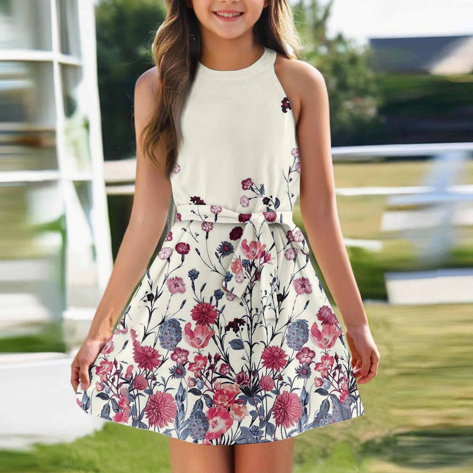 

Летнее платье для девочек Платье без рукавов на бретельках Однотонное платье без рукавов с принтом Повседневное платье 140 бежевый