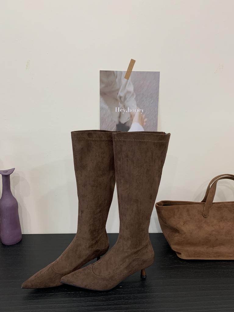 2025 New Fashion Versatile European and American Style Suede Pointed Head Thin Heel Low Heel Boots Thin High Boots Women