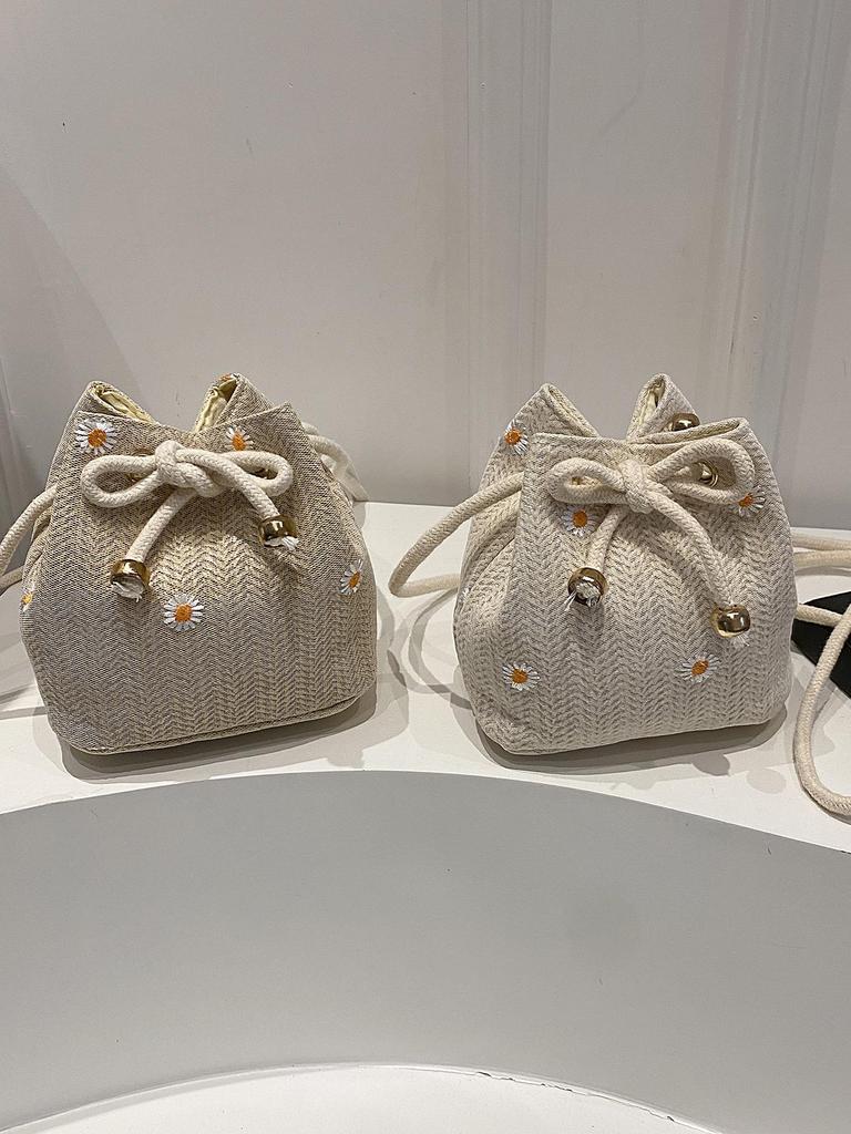 2026 Sommer Damen Strohgewebte Eimer Tasche: Kordelzug im koreanischen Stil für Urlaub, Strand oder Pendeln