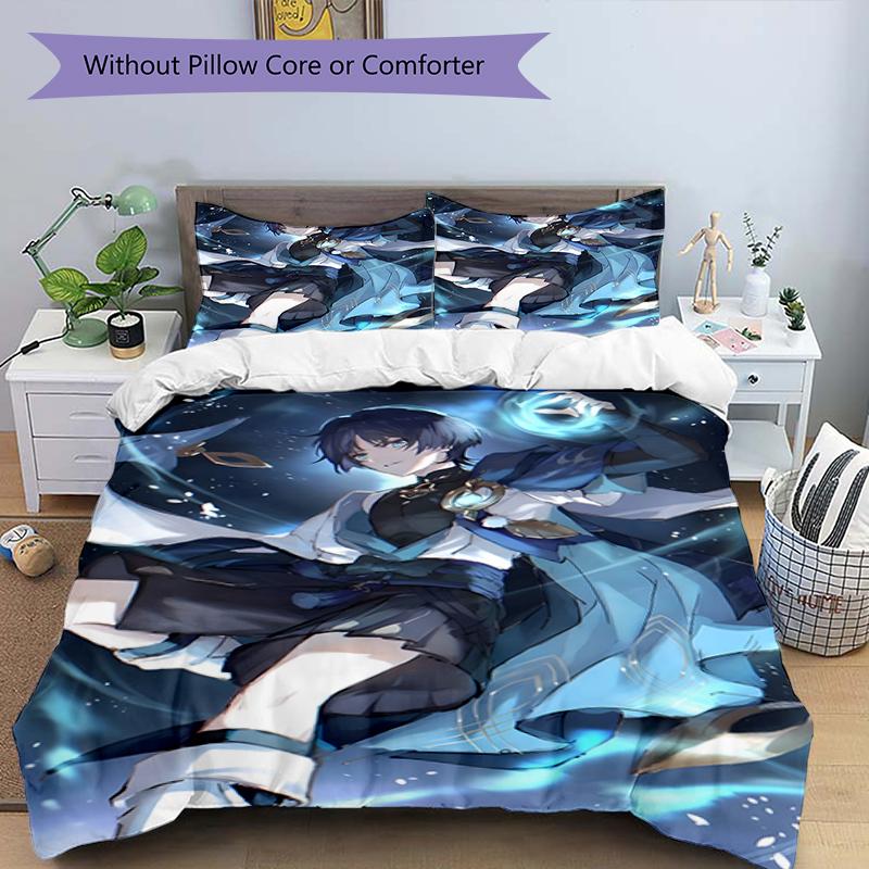 3pcs Genshin Impact Wanderer1 Design Cover Set - HD Printed Bedding with 1 Cover and 2 Pillowcases - Perfect for Home and Dorm Decor