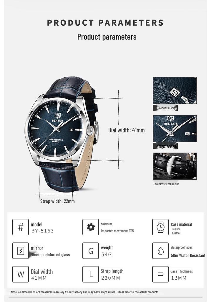 Binyan Men's Fashion Quartz Genuine Leather Waterproof Watch 5163