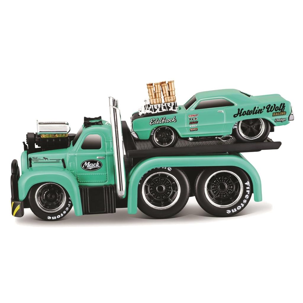 Maisto 1/64 Scale Muscle Machines Muscle Transporter Diecast Model Car (1953 MACK B-61 Flatbed / 1968 Dodge Dart HEMI Gasser - Green 11542)