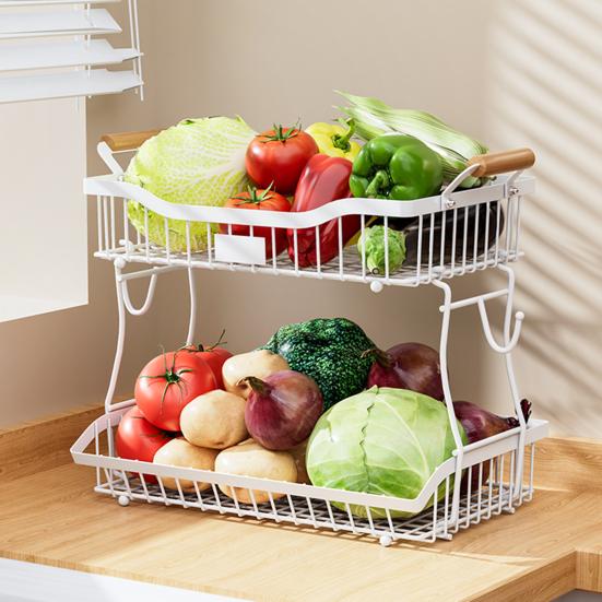 Košík na ovoce Kuchyňský úložný regál s dřevěnými rukojeťmi Dvouvrstvý design Velká kapacita Koš na zeleninu a ovoce s držáky na banány