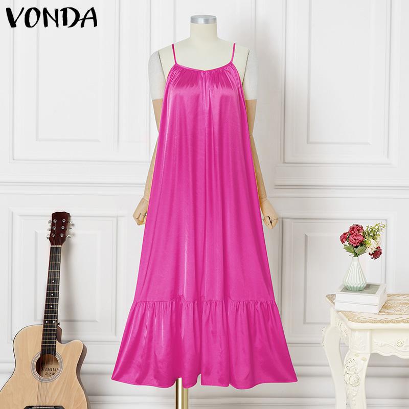 VONDA Summer Women Sleeveless Strap Solid Satin Casual Beach Loose Maxi Pleated Dress