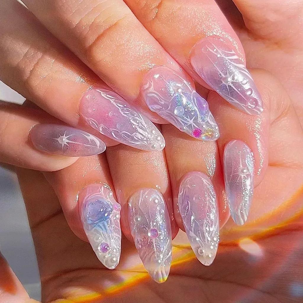 24Pcs Pink Almond False Nails Butterfly Ballet with French Design Wearable Fake Nails Simple Artificial Press On Nails Tips Art