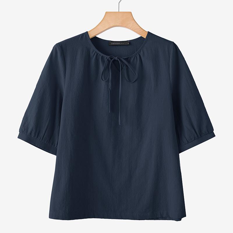 ZANZEA Women Casual Round Neck Loose Short Sleeve Cotton Blouse