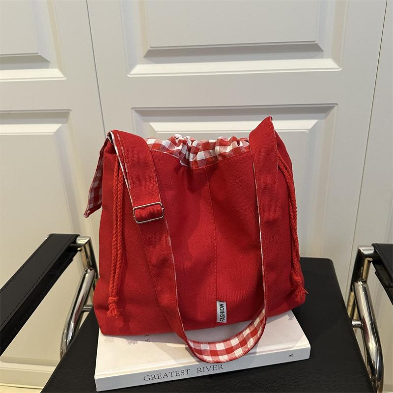 

Винтажная сумка-ведро на шнурке, холщовая сумка кроссбоди в простом стиле, большая вместительная сумка-тоут для женщин для путешествий 29.5x9x31cm красный