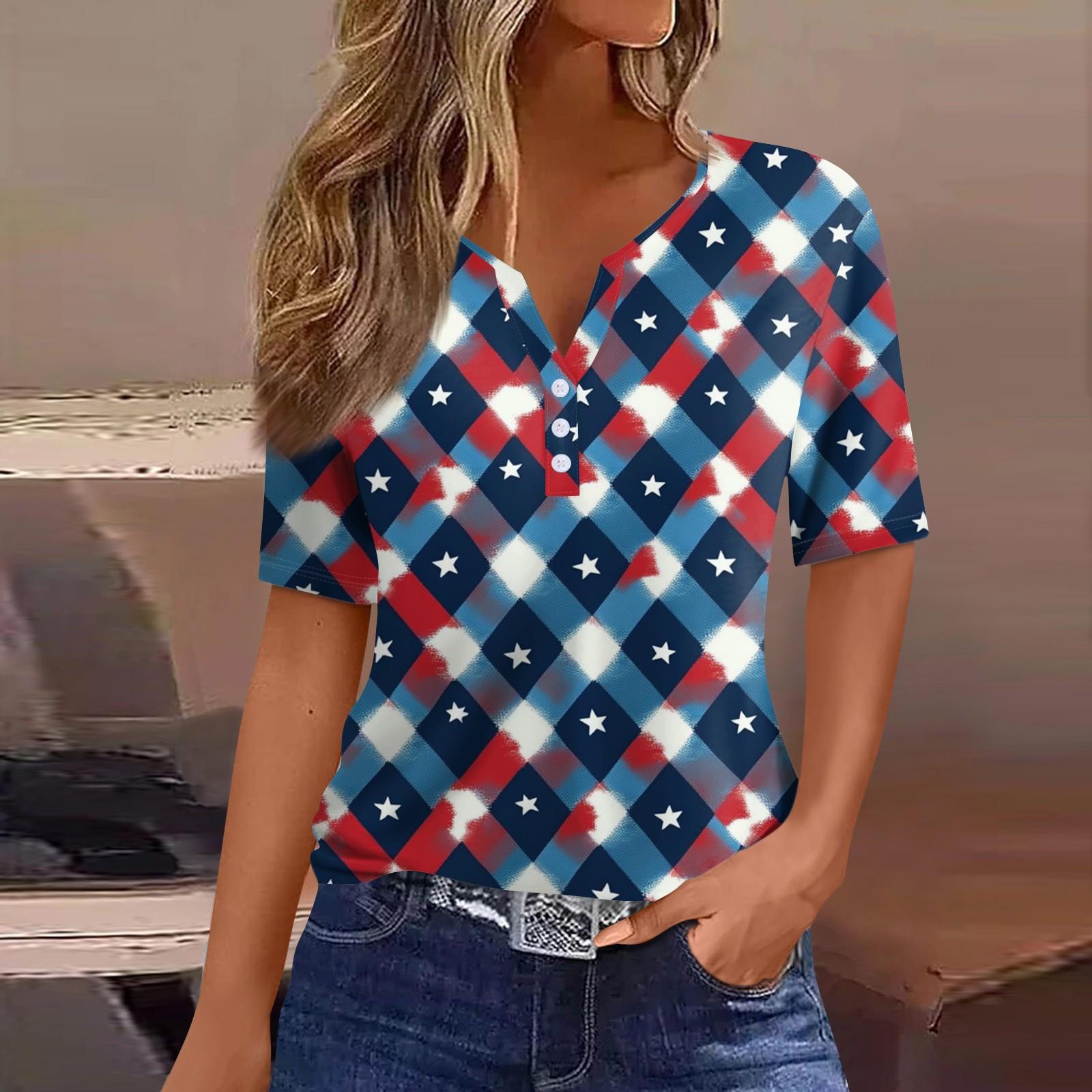 

Women s T Shirt Print Button Short Sleeve Daily Weekend Fashion Basic V- Neck Regular Top S синій