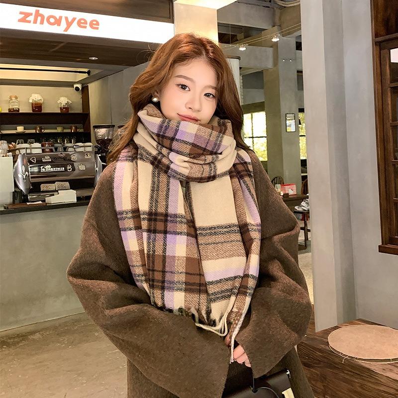 Scarf women's new winter thickened warm imitation cashmere plaid shawl versatile fringed scarf