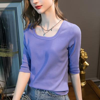 White Five-quarter-sleeved Women's Xinjiang Cotton Inner with New Summer U-neck Half-sleeved Loose Medium-sleeved Bottoming Shirt