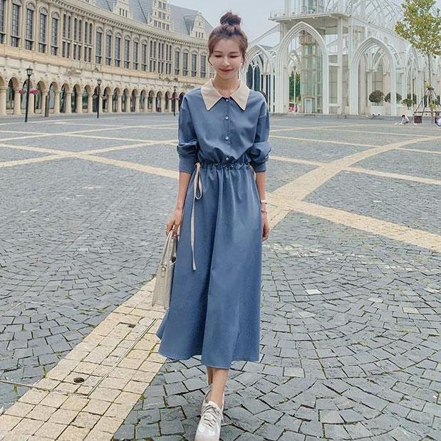 

Французское платье-рубашка с длинным рукавом в стиле колор-блок, женское, весна-осень, с акцентом на талии, темпераментное, молодежное, длинная юбка 2XL