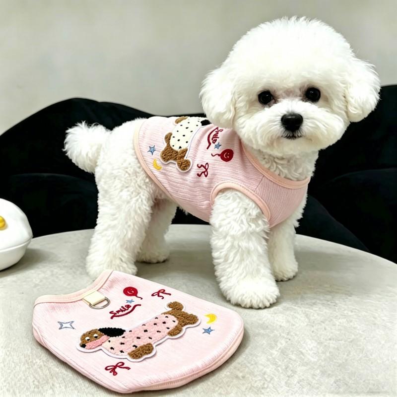 Lightweight Dog Vest Dachshund Schnauzer Bichon Teddy - Cartoon Style Cotton Blend Sleeveless Top In White Blue Pink