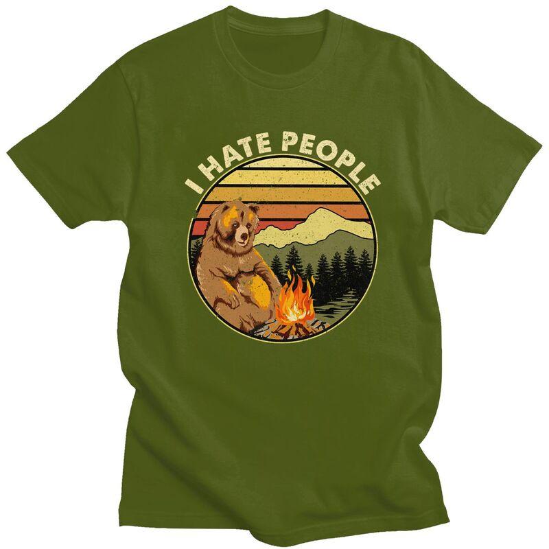 Custom Mens Bear Camping I Hate People T Shirts Short Sleeve Cotton Tshirts Casual Adventure Capmer Tees Loose Fit Clothing