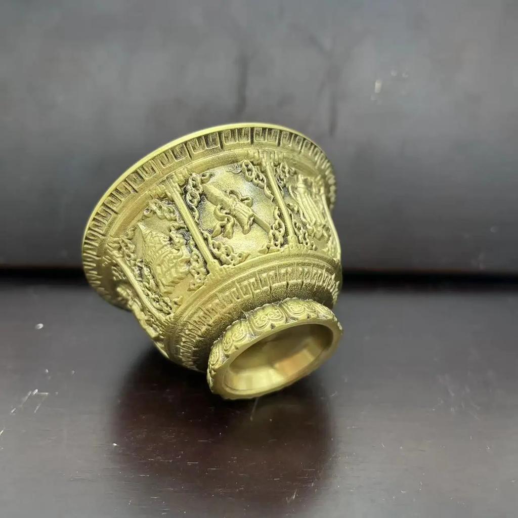 Brass Vintage Water Bowl Tea Cup Wine  Auspicious Carved Desktop Craft Decoration