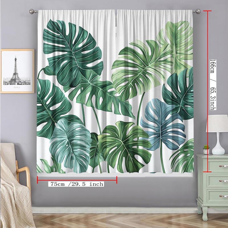 Monstera Leaf Print Curtains Set of 2 Rod Pocket Semi Sheer for Living Room Bedroom Decor