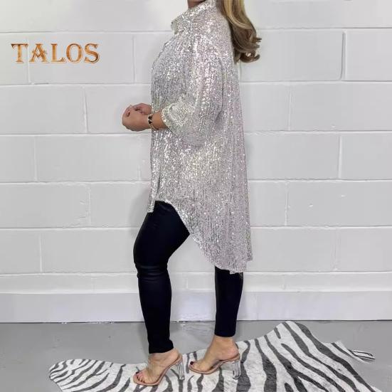 Damesblouse Revers Halve Mouw Enkelrijige Knoopsluiting Blouse Losvallend Pailletten Tops Middellang Design Casual Blouse