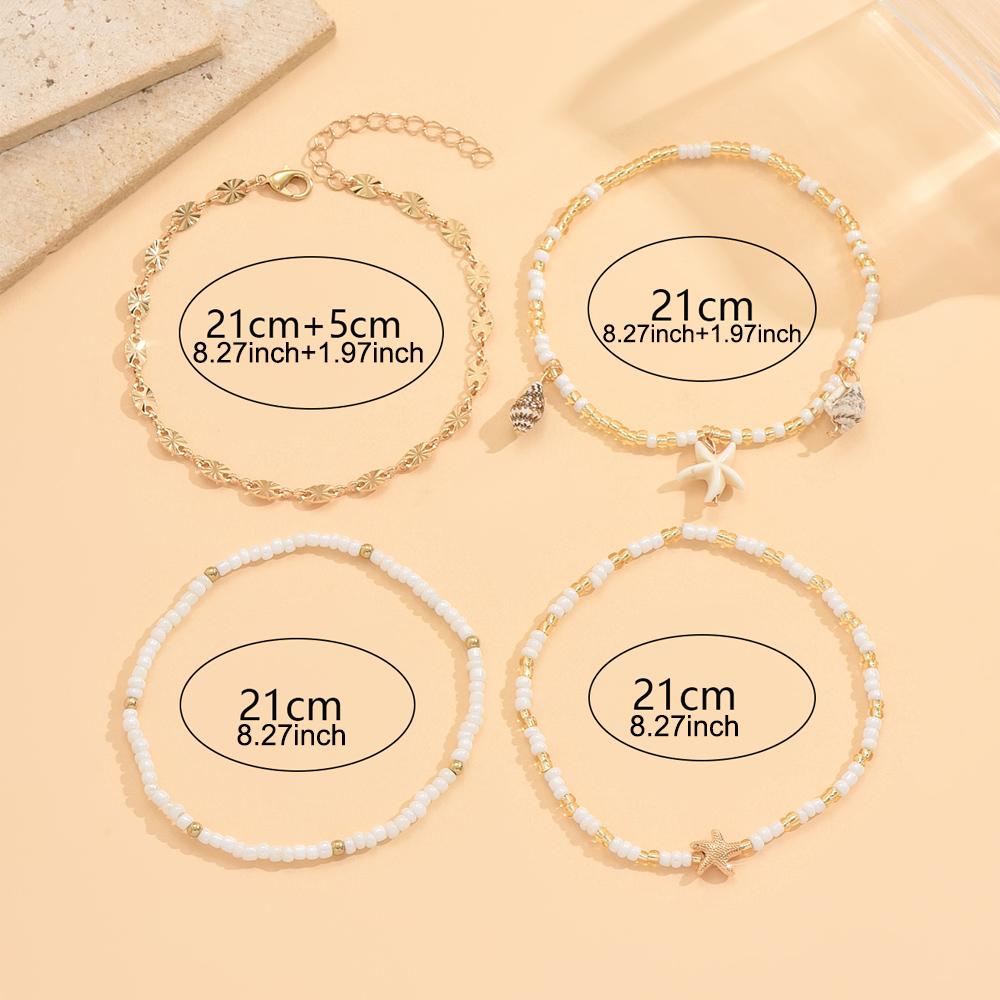 4PCS Layered Stackable Starfish Shell Beaded Anklet Set Dainty Boho Summer Beach Vacation Jewelry for Women