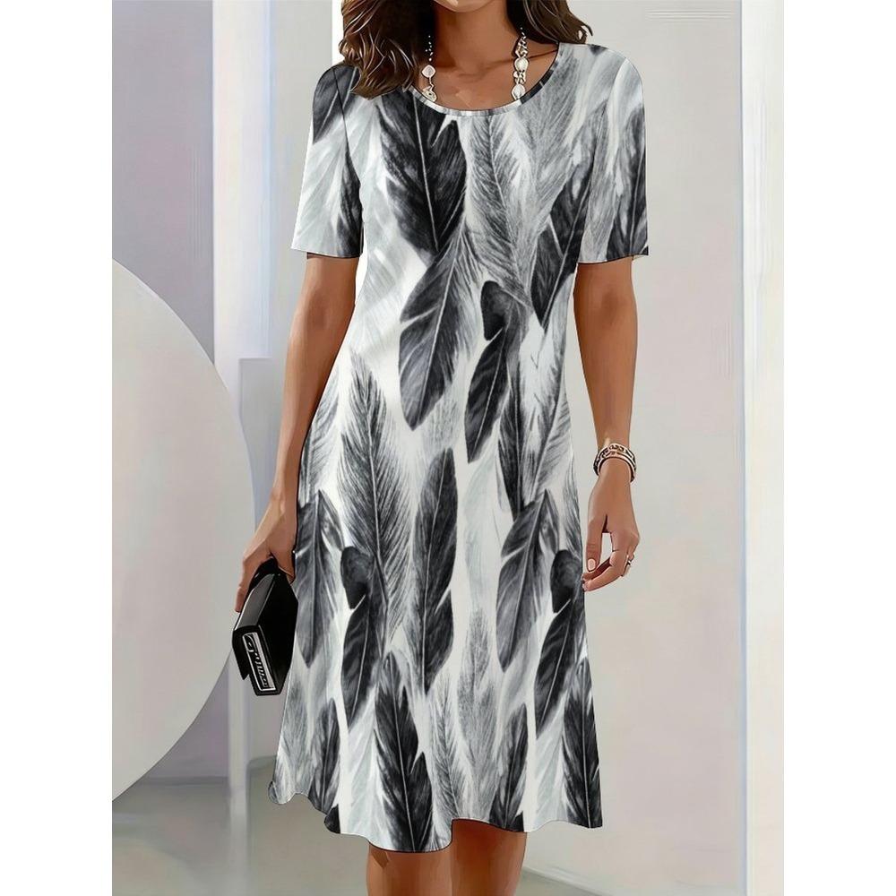Fashionable Summer Women's Plus Size Short Sleeved T-shirt Dress Comfortable Breathable Round Neck 3d Retro Flower Printed Holiday Party Dress