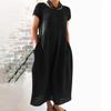 Women Summer Casual Loose Cotton Linen Dress Short Sleeve Solid Color O Neck Pocket Stitching Comfortable