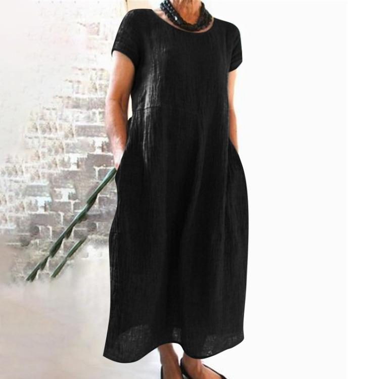 Women Summer Casual Loose Cotton Linen Dress Short Sleeve Solid Color O Neck Pocket Stitching Comfortable