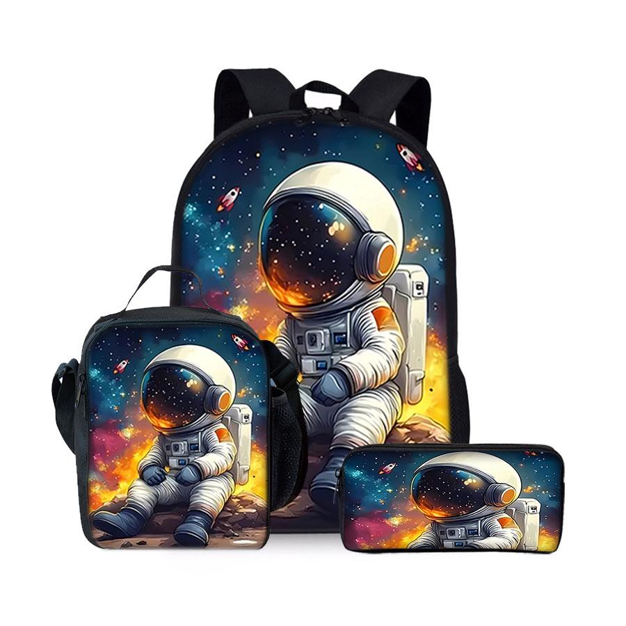 Nieuwe Astronaut Ruimte Patroon Drie Delige Set Rugzakken voor Jongens en Meisjes Beste Cadeaus 2D Platte Cartoon Schoolrugzak voor Kinderen