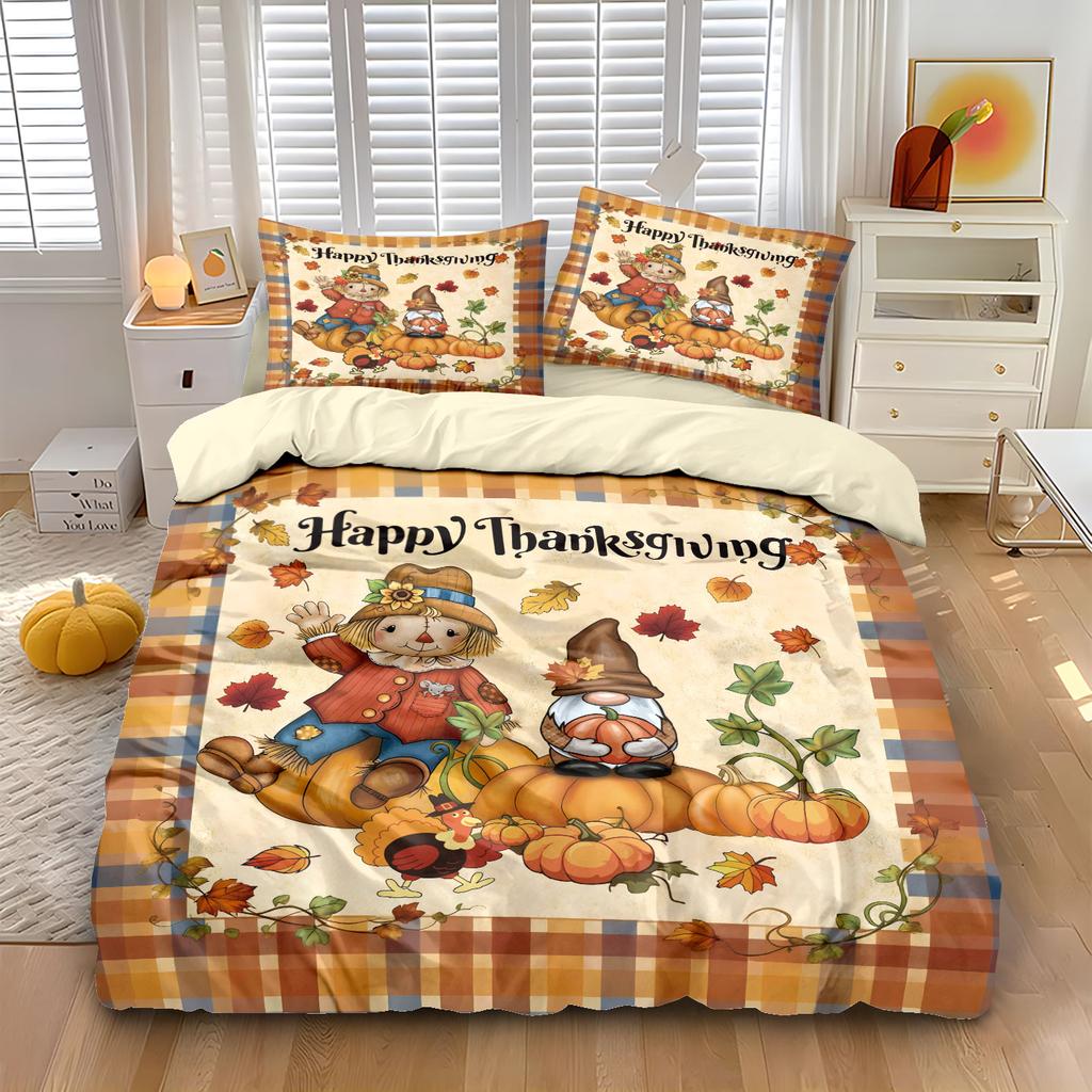 3pcs Thanksgiving Autumn Harvest Pumpkin Printed Coreless Bedding Set Multi Size Bedrooms Dormitory Comfortable Machine Washable