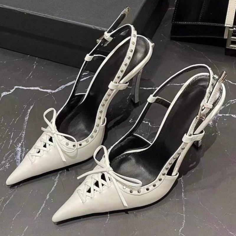 Fashion 2025 Designer Women's Metallic Slim Sandals - Rivet-Trimmed Chic Club & Banquet Footwear for Euro-American Markets