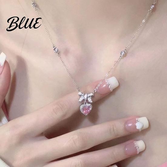 Women Heart Necklace Sparkling Rhinestones Bow Design Romantic Gift Pendant
