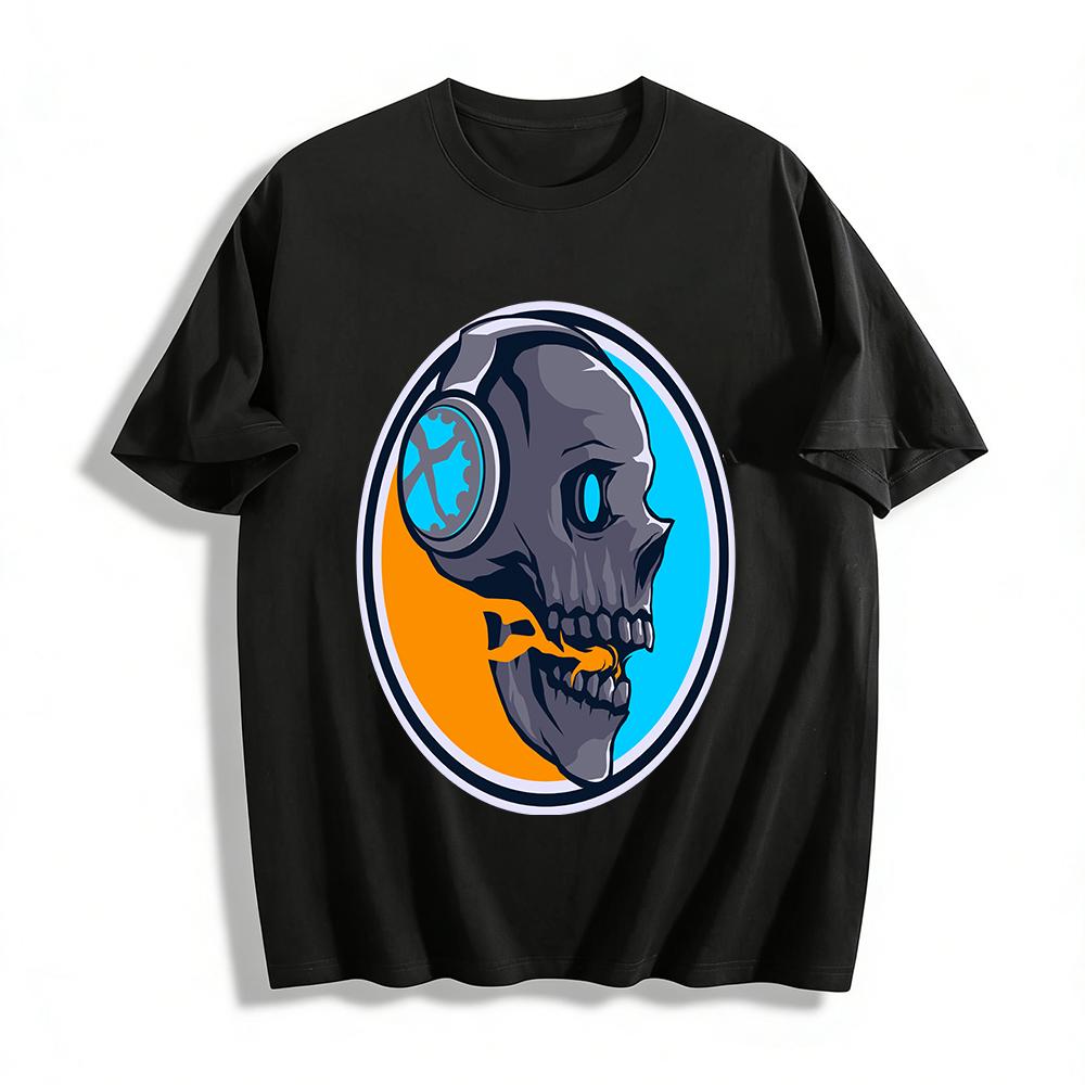 Mechanical Skull With Headphones Trendy Graphic Top Pure cotton T-shirt XXS