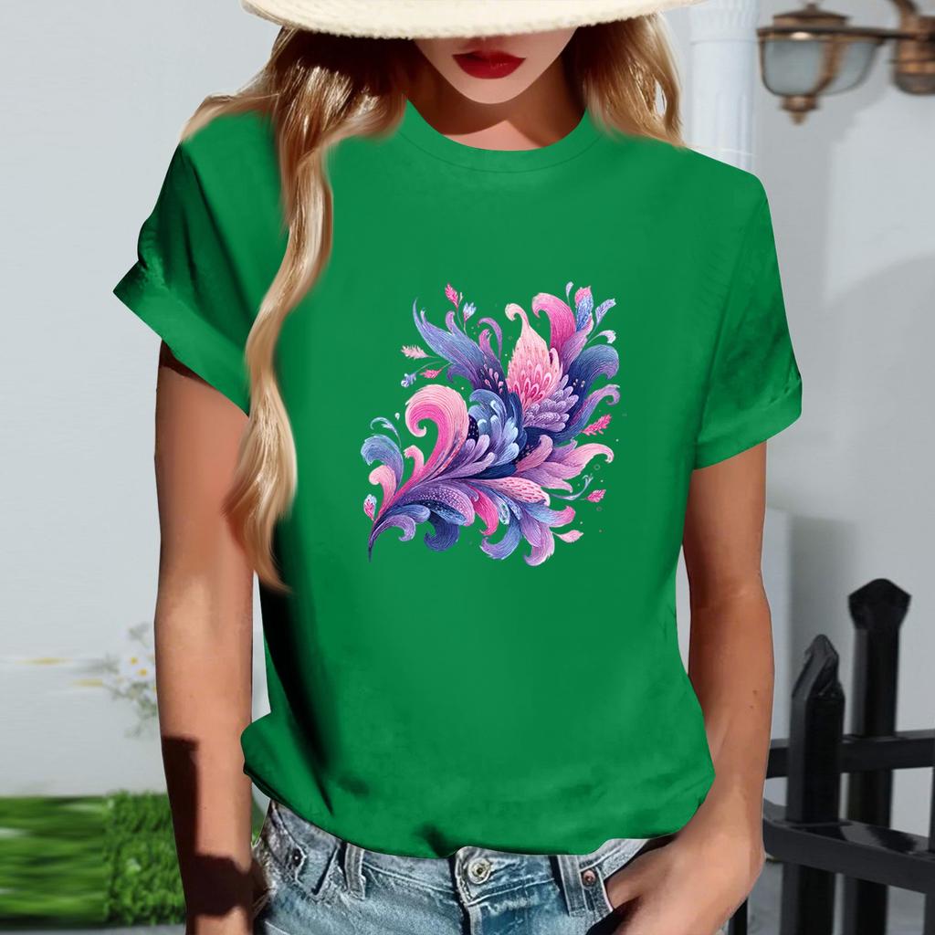 Women's Fashionable Round Neck Casual Retro Print Short Sleeved T-shirt Top