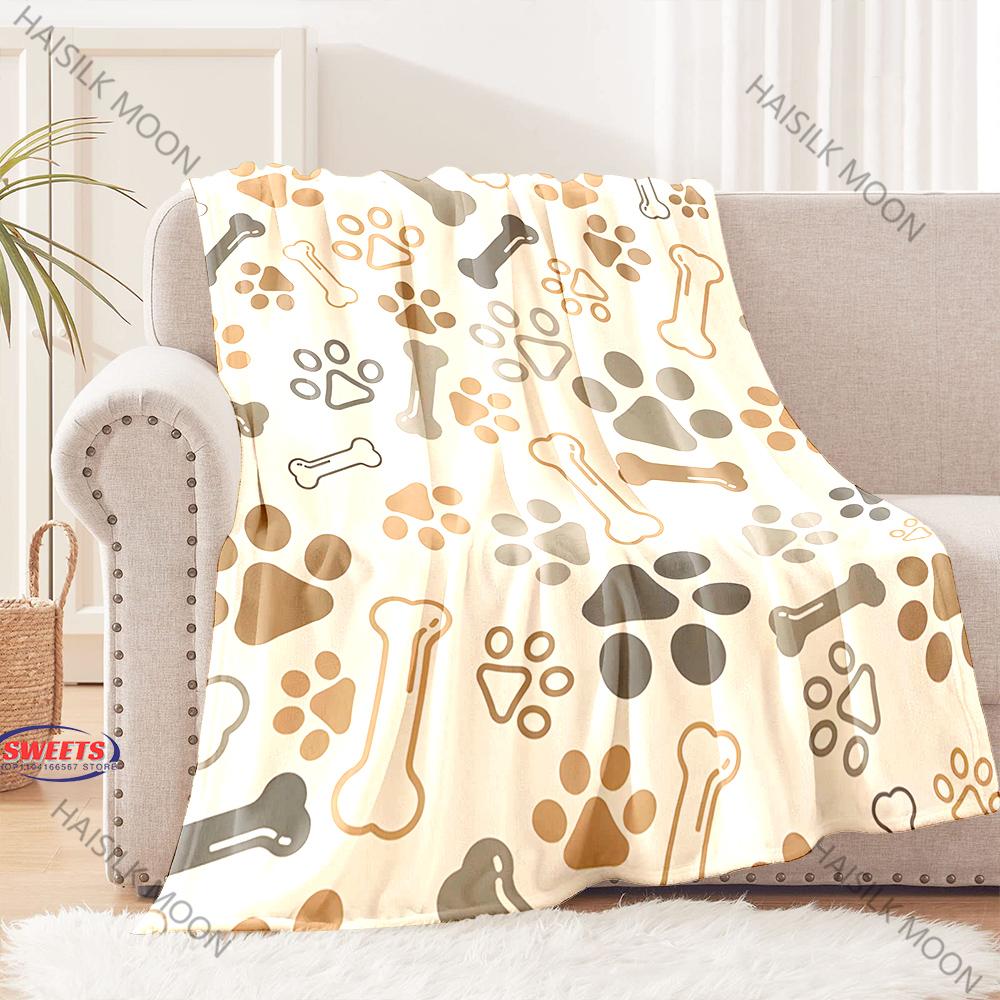 Multi-Size Cute Dog Bone and Paw Printed Throw Blanket, Bedding, Throw Blanket for Couch & Bed Great Gifts for Boys and Girls