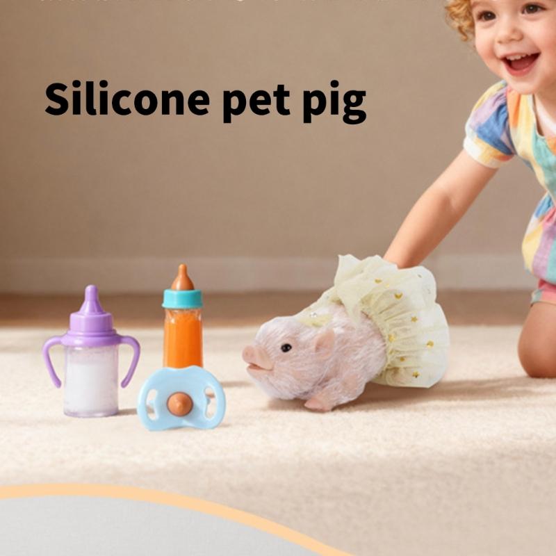 Pretend Play Piggy Toy With Baby Bottle Accessories Soft Silicones Yellow Outfit Educational Imaginative Kids Gift