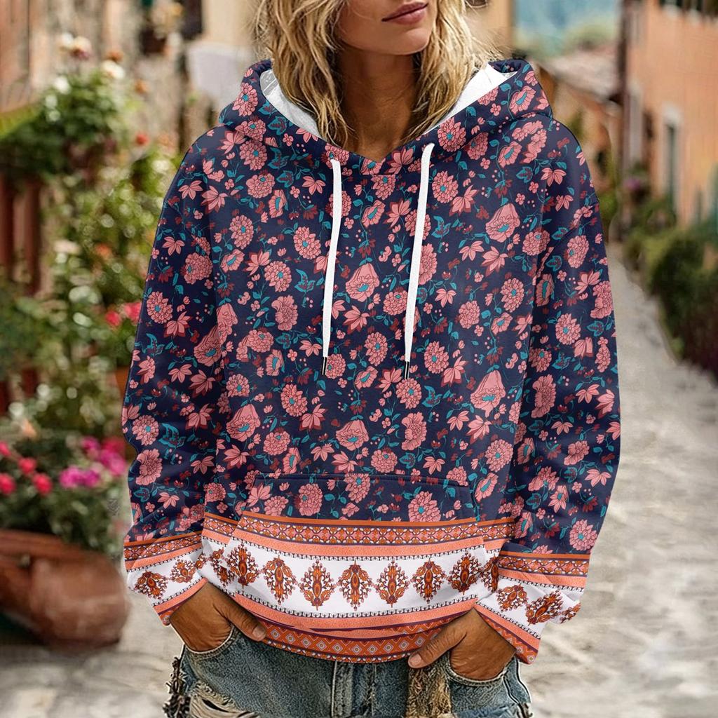 Damen Hoodie mit Blumenmuster, langen Ärmeln und Taschen für Freizeitkleidung
