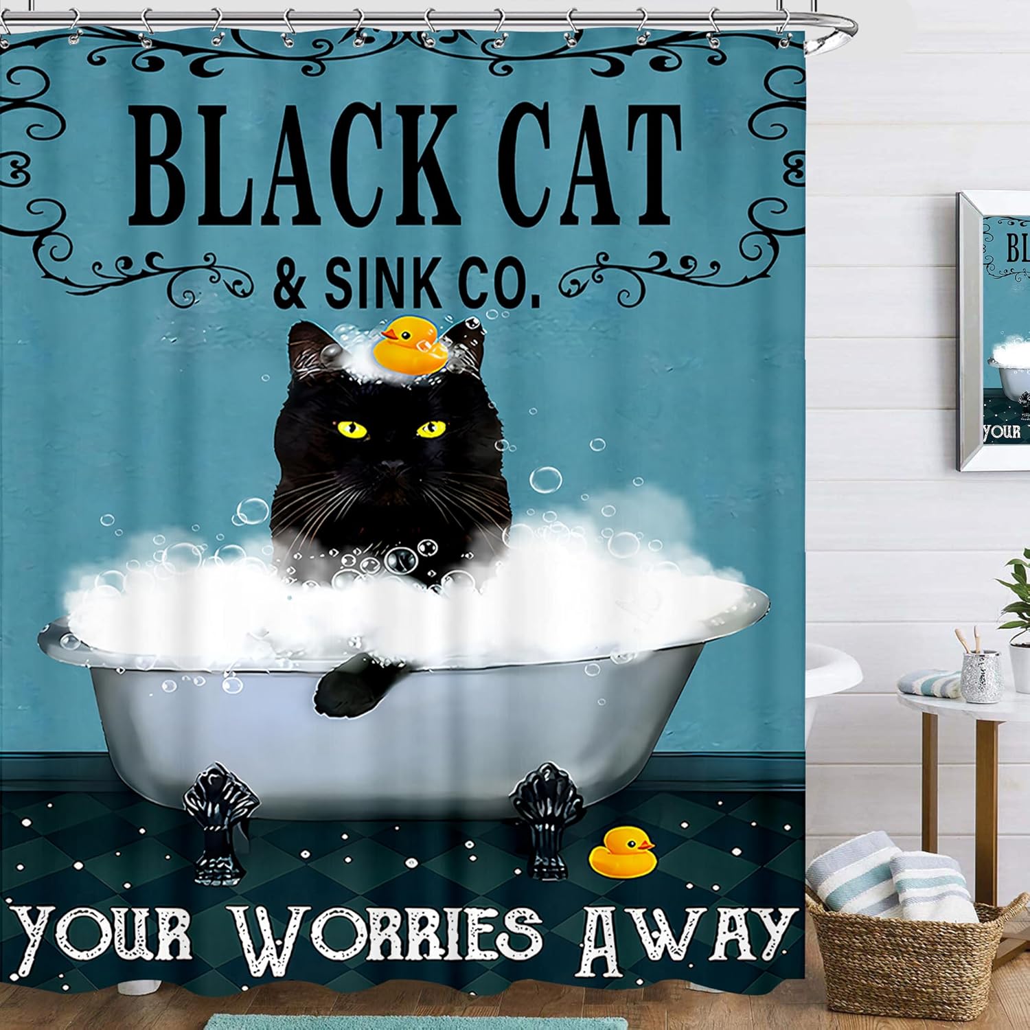 

Cat Funny Shower Curtain 60Wx72L Inch Bath Soap Shower Curtain Vintage Blue Green Cute Black Kitty Bubble Retro Bathtub Bathroom W60H190(CM)-1 Pcs