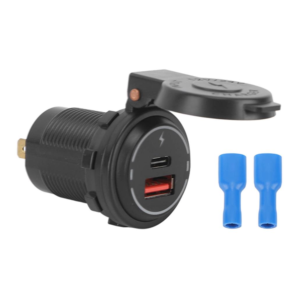 Încărcător auto cu capac cu arc, port dublu USB tip C, QC3.0, rezistent la apă IP66, adaptor încărcător pentru