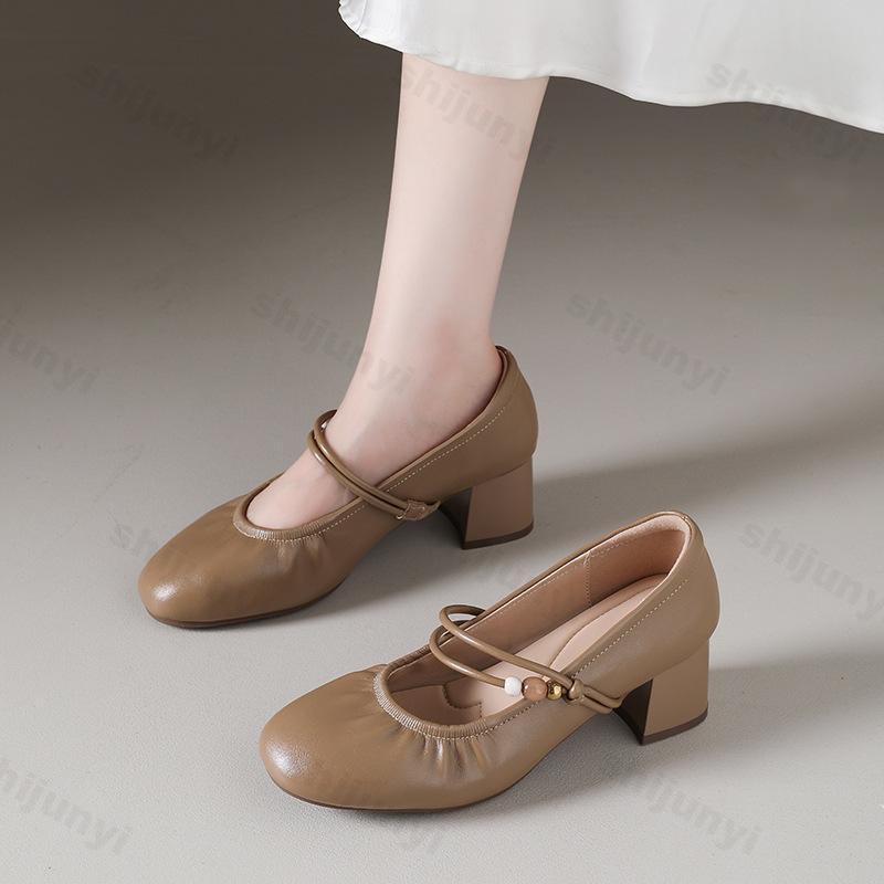Fashion Women's Mary Jane Shoes 2025 Spring Autumn New Fashion Slip on Elegant Medium Heel Shoes Luxury Comfortable Party Leather Shoes