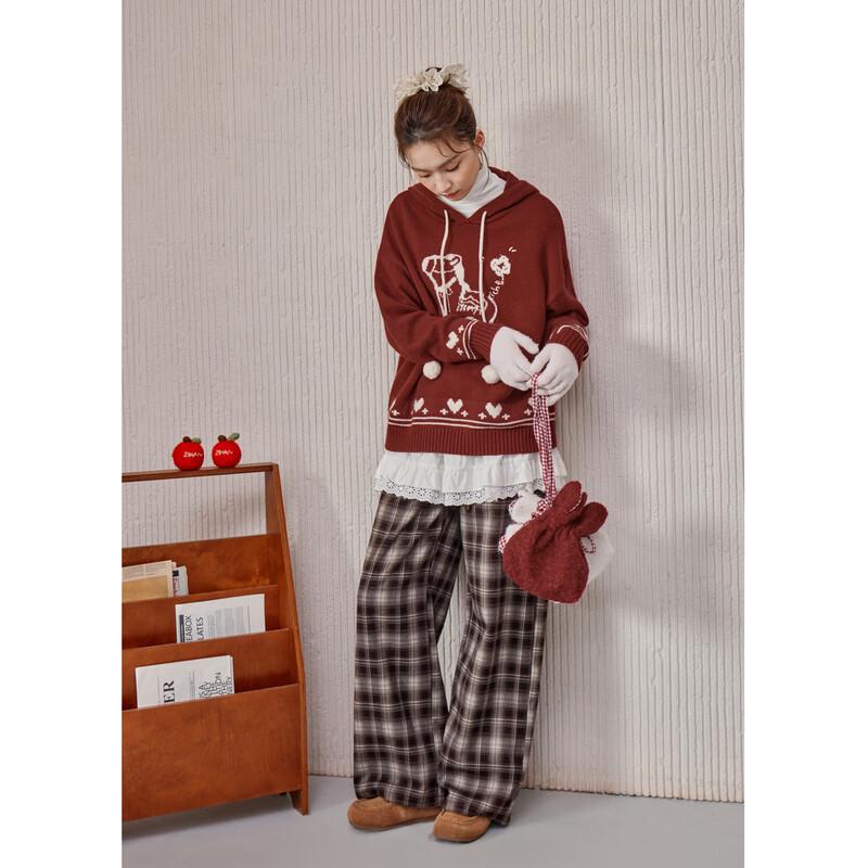 ZIHAN Women's Retro Coffee Plaid High-Waist Wide-Leg Pants