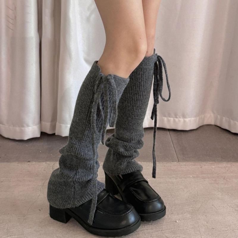 Women Ribbed Knitted Leg Sleeves with Ties Drawstring for Winter Warmth Vertical Striped Leg Warmers Footless Boot Socks