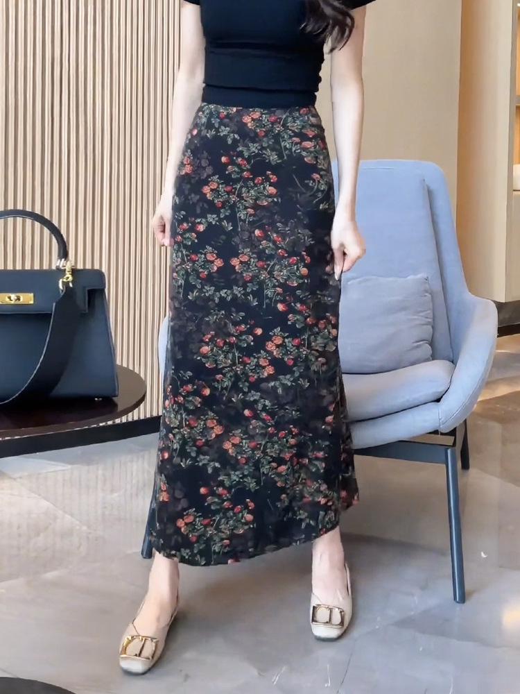 Fustă Midi Florală Retro pentru Femei: Calitate înaltă, Lux ușor, Talie înaltă subțiatoare, Design bodycon de vară cu șliț.