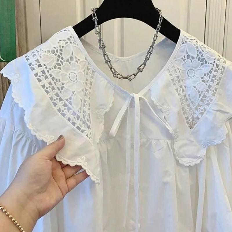 Women's Casual Loose Doll Collar Blouse, Elegant Lace Trim Peter Pan Collar Shirt, Sweet Daily Top for Spring Summer