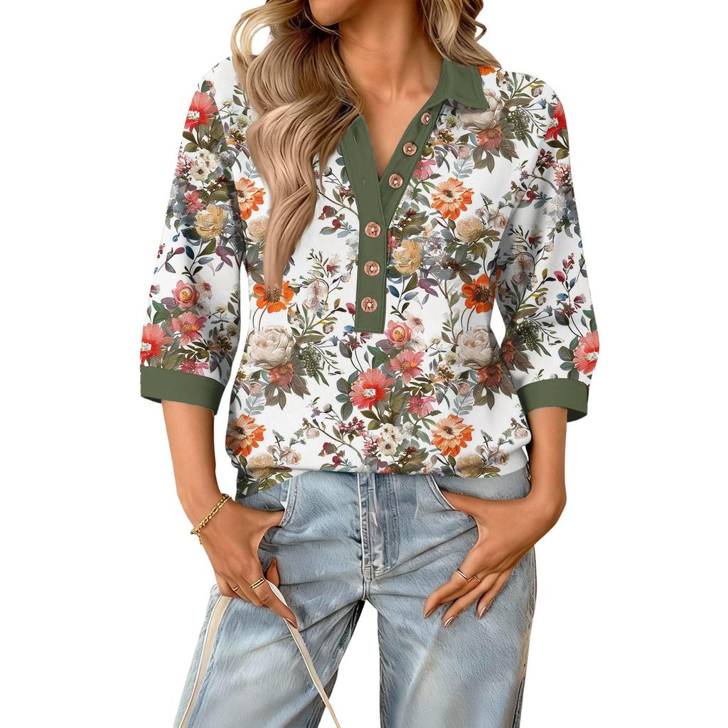 Haut floral d'été à la mode et décontracté pour femmes avec col en V, patchwork et manches trois-quarts